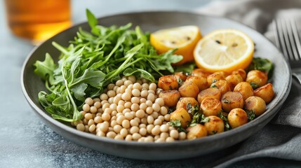 A vibrant plate showcases a balanced meal including chickpeas, couscous, and fresh arugula. Garnished with lemon slices, it offers a nutritious mix of macronutrients enjoyed at mealtime
