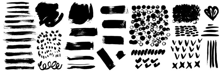 Grunge ink brush strokes elements. Black paint brush, stroke, line, grunge. Dirty textures of banners, boxes, frames and design elements. Black grunge brush stroke ink template collection.