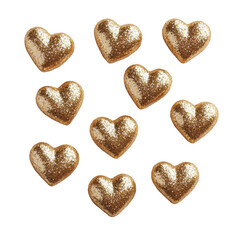 Obraz premium Shiny, golden, glittery hearts on a white background