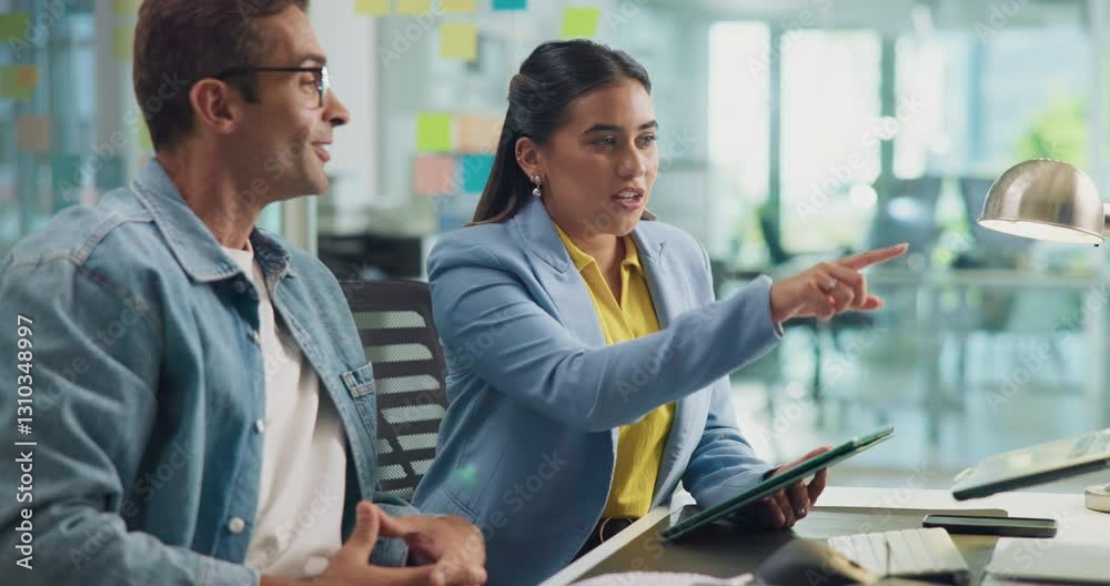 Poster Collaboration, designer and tablet with business people in office together for discussion or planning. App, conversation or programming with man and woman employee at work for problem solving