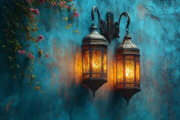Glowing Ornate Lanterns Against a Teal Wall with Pink Flowers

