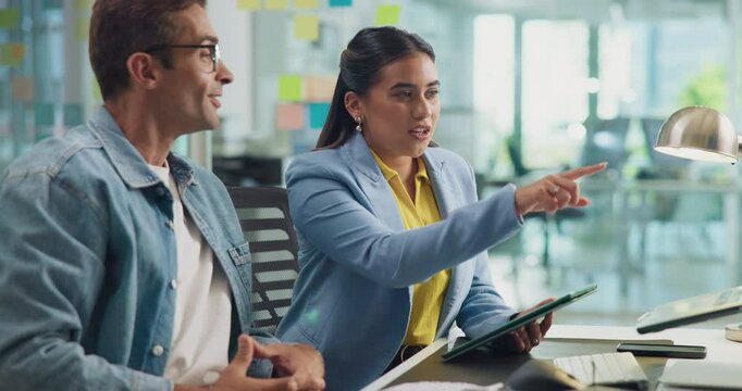 Collaboration, designer and tablet with business people in office together for discussion or planning. App, conversation or programming with man and woman employee at work for problem solving