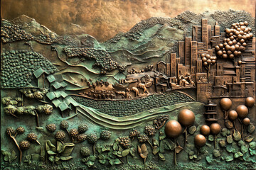 Generative AI Bas-Relief Sculpture Combining Classical Artistic Themes with Modern world attributes