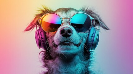 Dog in sunglasses and headphones, vibrant gradient background, listening to music