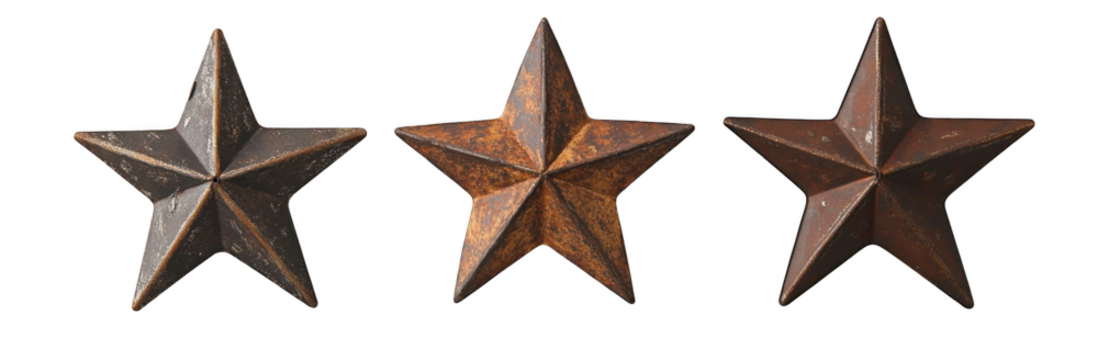 3D rendering of three old, rustic metal stars isolated on a white background