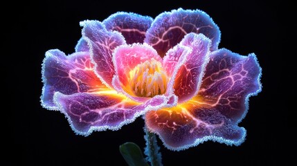 Obraz premium Glowing neon flower with vibrant petals on black background.