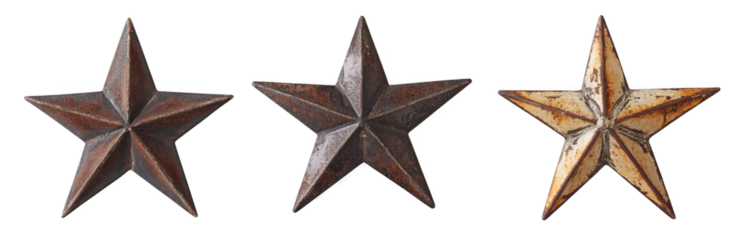 3D rendering of three old, rustic metal stars isolated on a white background