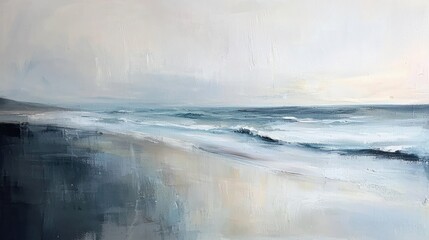 Serene coastal landscape painting, moody blues and grays, soft waves on sandy beach.