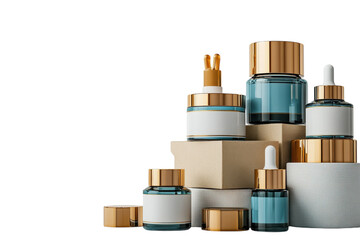 Collection of skincare products displayed creatively on a neutral background with elegant packaging and clean lines