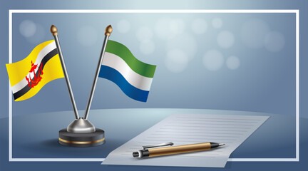 Brunei and Sierra Leone National flags on small table with bokeh background, cooperative relationship. Template vector Illustration