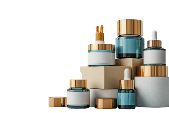 Collection of skincare products displayed creatively on a neutral background with elegant packaging and clean lines