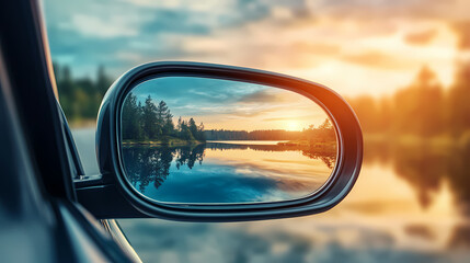 The view from the car in the side mirror. closeup. Mirrored - Lake. Illustration