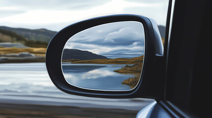Fototapeta premium The view from the car in the side mirror. closeup. Mirrored - Lake. Illustration