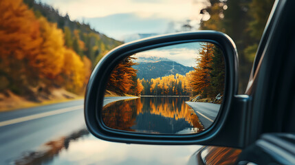 Obraz premium The view from the car in the side mirror. closeup. Mirrored - Lake. Illustration