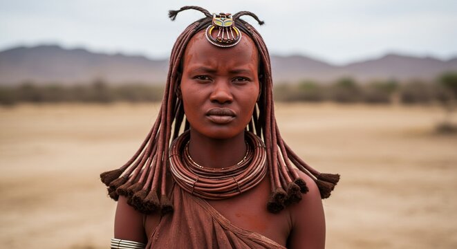 Himba Woman Posing, Namibian Desert Landscape