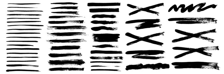 Grunge ink brush strokes elements. Black paint brush, stroke, line, grunge. Dirty textures of banners, boxes, frames and design elements. Black grunge brush stroke ink template collection.
