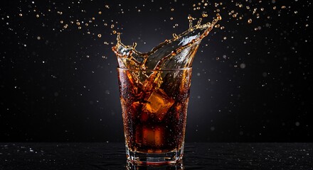 Iced cola splash in glass, dark background