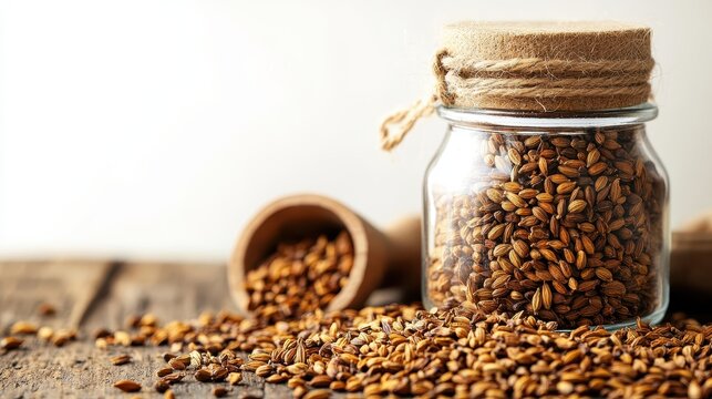 Glass jar filled with cumin seeds  

