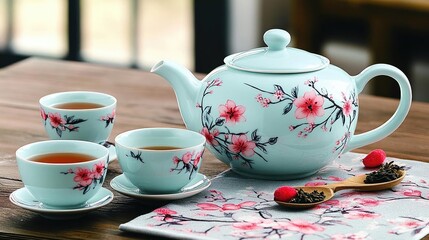 Fototapeta premium Serene tea setup featuring a floral teapot and cups on a wooden table with a cozy background