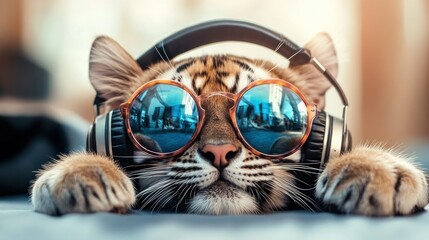 Cool tiger cat, headphones, sunglasses, listening, blurred people