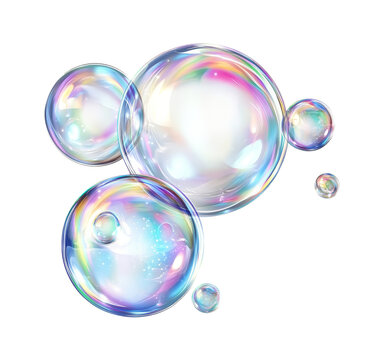 Soap bubbles floating  on transparent background. Water foam bubbles with rainbow colors. Glossy translucent rainbow-colored spheres flare in air. Soap wtite balloon.