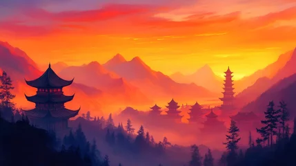 Selbstklebende Fototapeten Serene sunset over majestic mountain with traditional pagodas silhouetted against vibrant sky © Minom