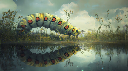 A caterpillar sees its future butterfly self, reflecting hope and growth. Mirrored - Lake. Illustration