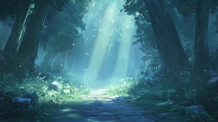 Obraz premium Sunbeams illuminate a path through a mystical forest.