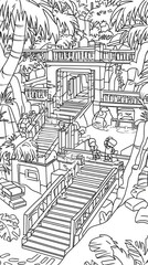 Naklejka premium Jungle stairs and temple ruins with figures, black and white coloring page for kids, background trees