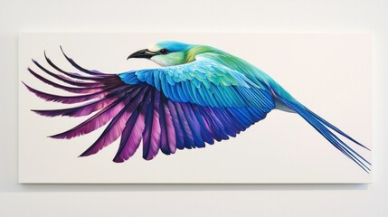 Vibrant blue and purple bird in flight, detailed painting on canvas.