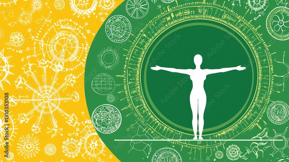 Wall mural human form in a circle of cosmic elements on a split background. for science and technology themes