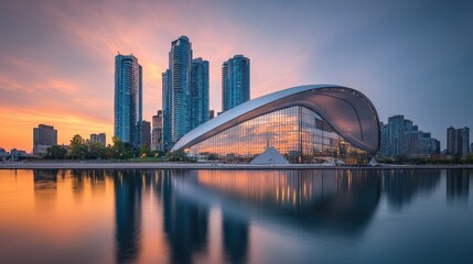 Modern architecture reflected in calm water at sunset.
