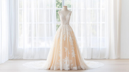 Ethereal blush wedding dress with white lace appliques on mannequin by window