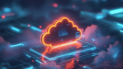 Fototapeta premium Neon Light Cloud Icon Representing Data Storage and Cloud Computing on Dark Futuristic Background