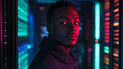 Portrait of Black Engineer in Computer Server Room Analyzing Data and Technology Systems