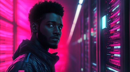 Portrait of Black Engineer in Computer Server Room Analyzing Data and Technology Systems