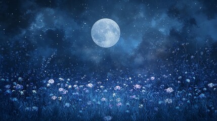 Moonlit Field of Flowers at Night