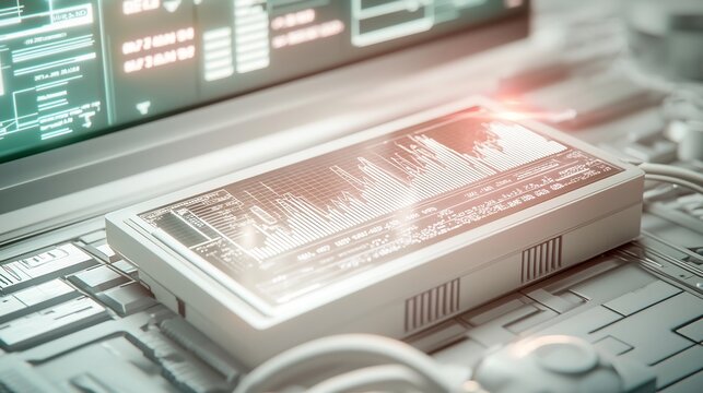 Futuristic device displaying data visualizations on a sleek white panel.