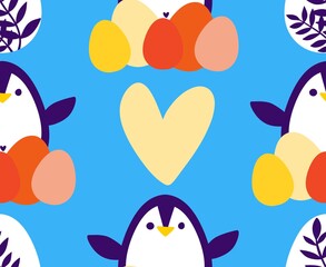Easter animals seamless penguin and eggs pattern for wrapping paper and fabrics and linens and spring kitchen textiles