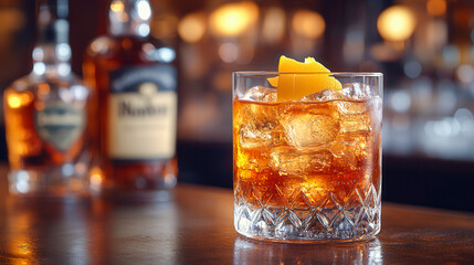 Elegant Rusty Nail cocktail served on a wooden bar with whiskey bottles in the background