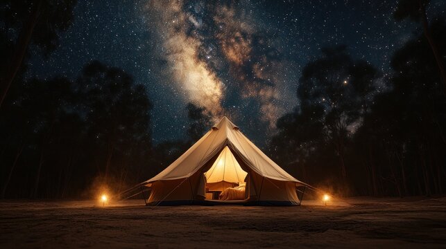 Illuminated Tent Under Milky Way in Forest