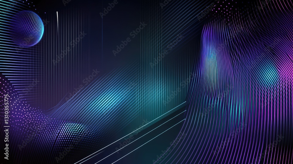 Canvas Prints abstract waves flow upward around glowing orbs with linear patterned digital dark blue-purple gradie