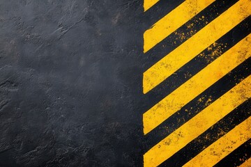 A textured black background features bold yellow diagonal stripes, suggesting caution or warning, reminiscent of industrial or construction settings.