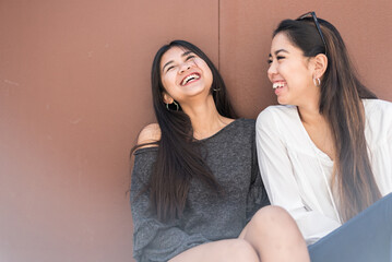 young happy friends women close up