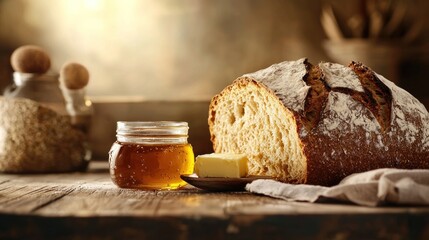 Rustic sourdough bread, honey, butter on wood.