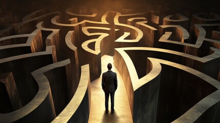 Formal suit encountering a maze uncharted paths visual content abstract environment side view confronting complexity