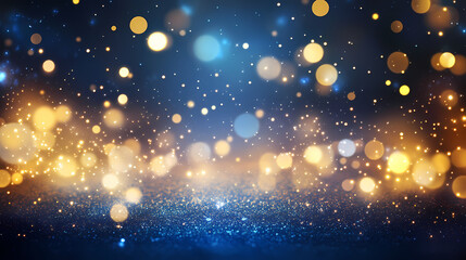 Naklejka premium Glowing particles floating in a dark blue background with golden bokeh lights, cosmic dust theme, abstract magic. Spectral - Ghost. Illustration