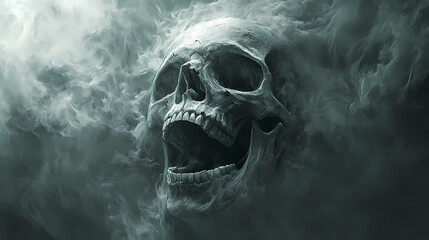 High-angle perspective of a human skull, mouth agape, surrounded by swirling fog and mist, dark and eerie background, detailed illustration with a ghostly ambiance. Spectral - Ghost. Illustration