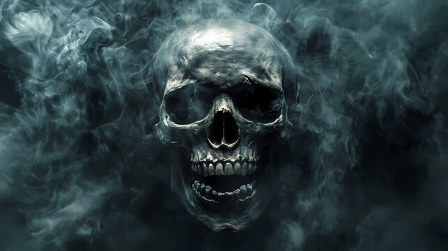 High-angle perspective of a human skull, mouth agape, surrounded by swirling fog and mist, dark and eerie background, detailed illustration with a ghostly ambiance. Spectral - Ghost. Illustration