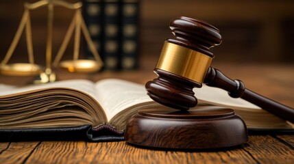Obraz premium Judge's gavel on open law book, scales of justice
